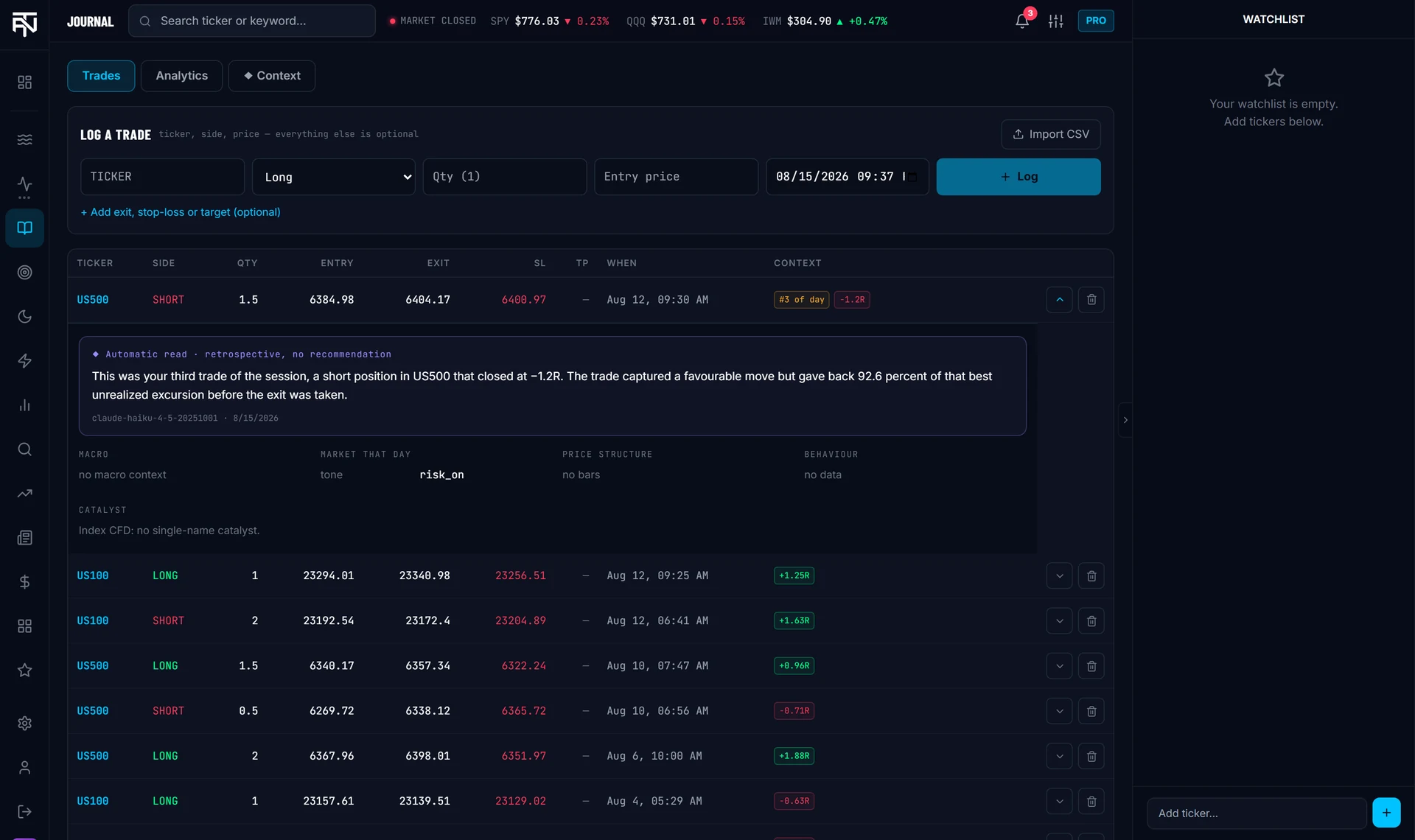 Trade journal with a trade expanded: frozen context and the AI retrospective note with its non-directional seal